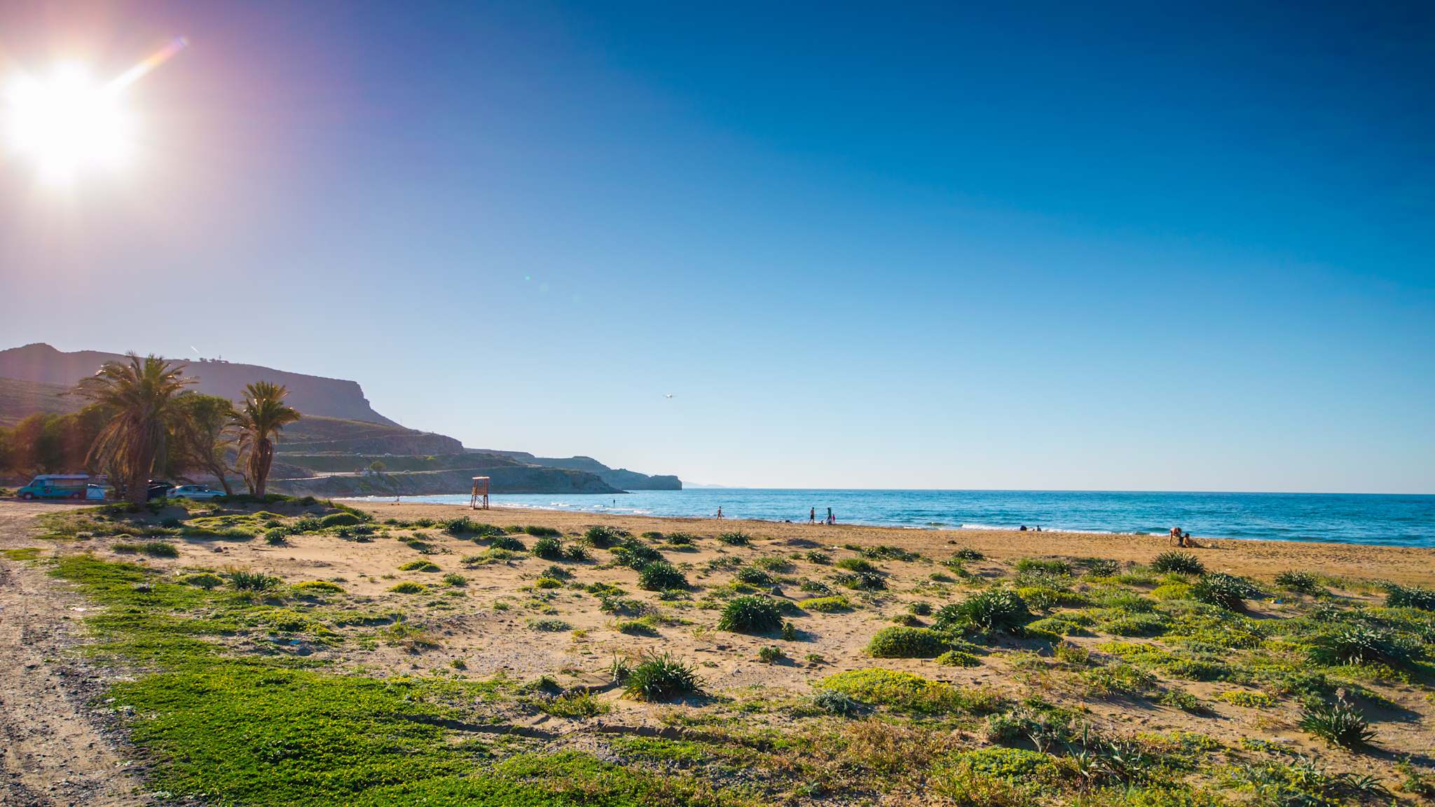 Ein Strand mit Palmen an türkisem Wasser